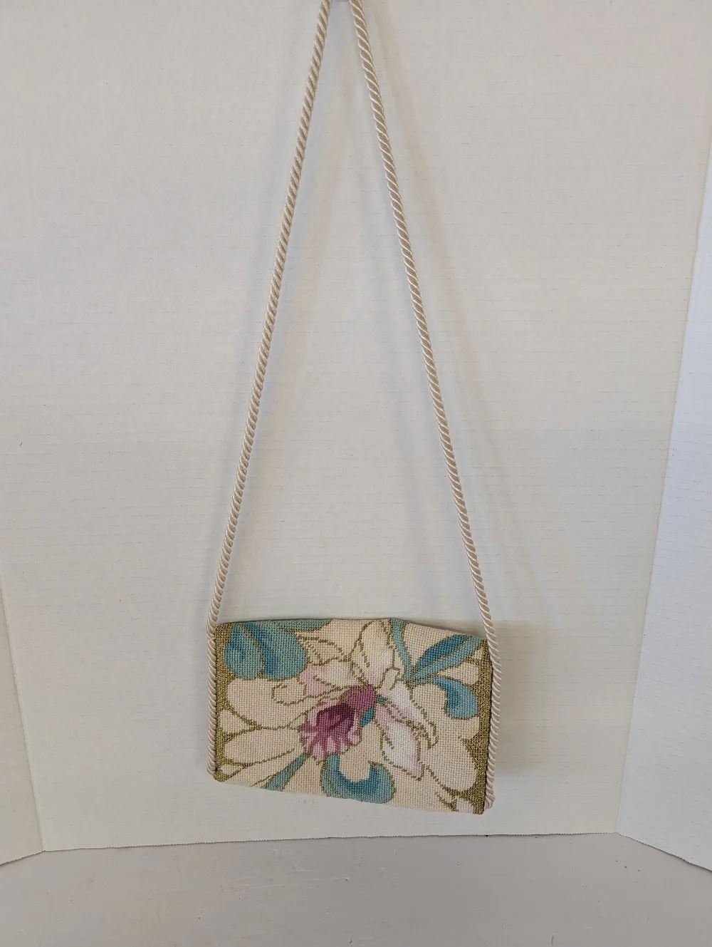 Crossbody Bag in Cream, Teal & Pink Hand Crafted.